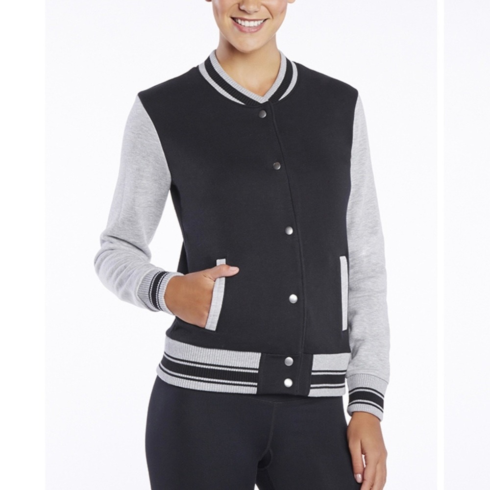 Fabletics Black and Light Gray Bomber Varsity Jacket